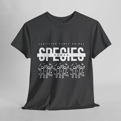 Certified Party Animal T-Shirt with "Species: Human" graphic and dancing figures, perfect for celebrations.