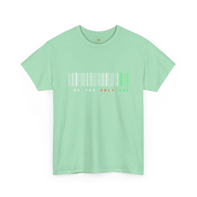Unique "Be The Only One" barcode t-shirt in blue with a minimalist design