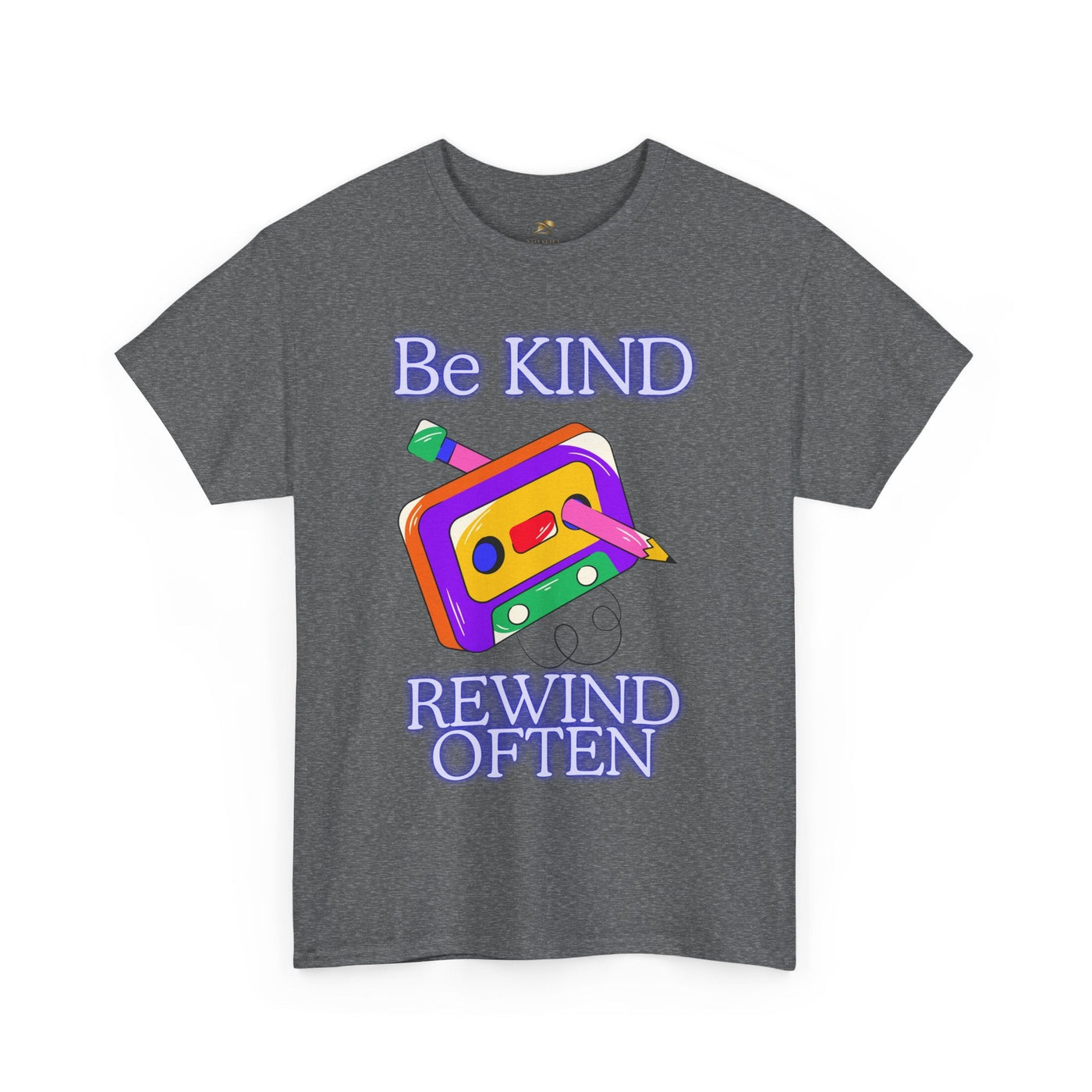 Retro unisex T-shirt with "Be Kind, Rewind Often" positive quote and nostalgic design.