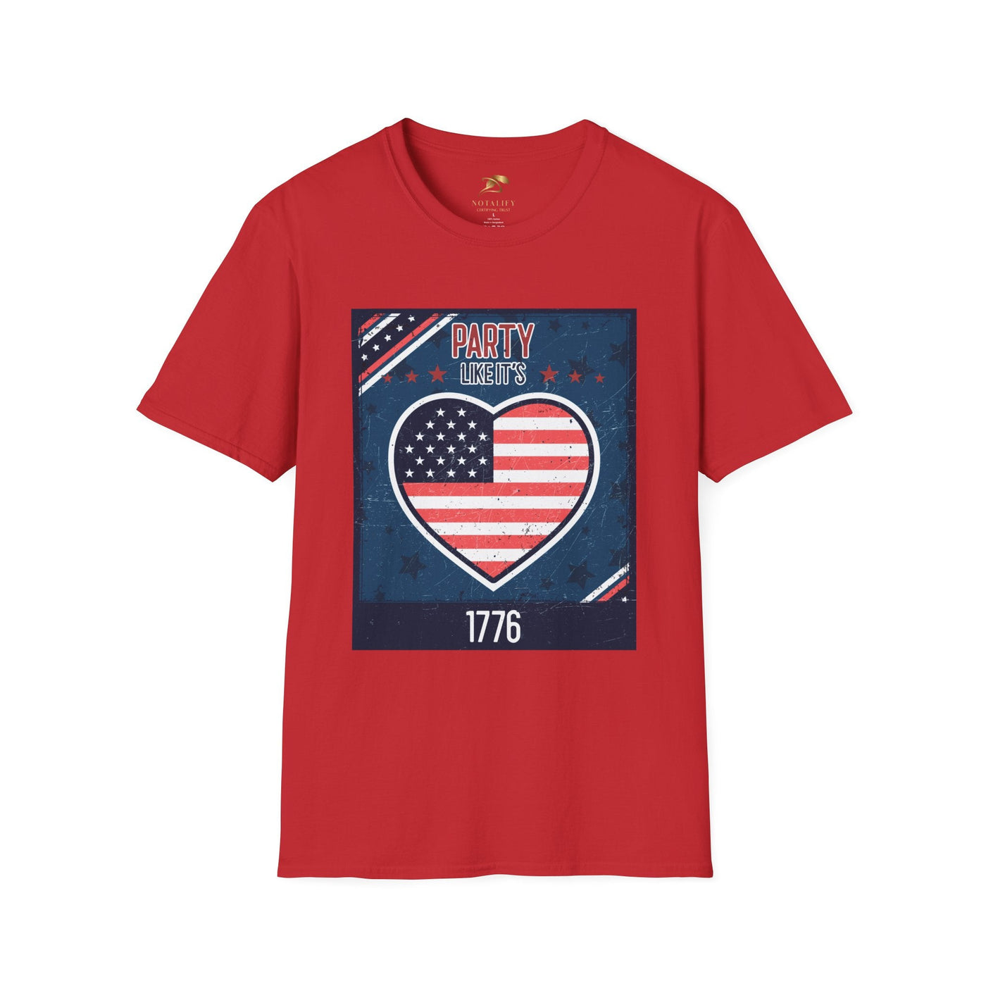 Patriotic red T-shirt featuring "Party Like it's 1776" design for Independence Day celebrations.