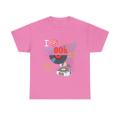 Pink 80's music lover t-shirt with retro vinyl record and turntable graphic, unisex cotton tee