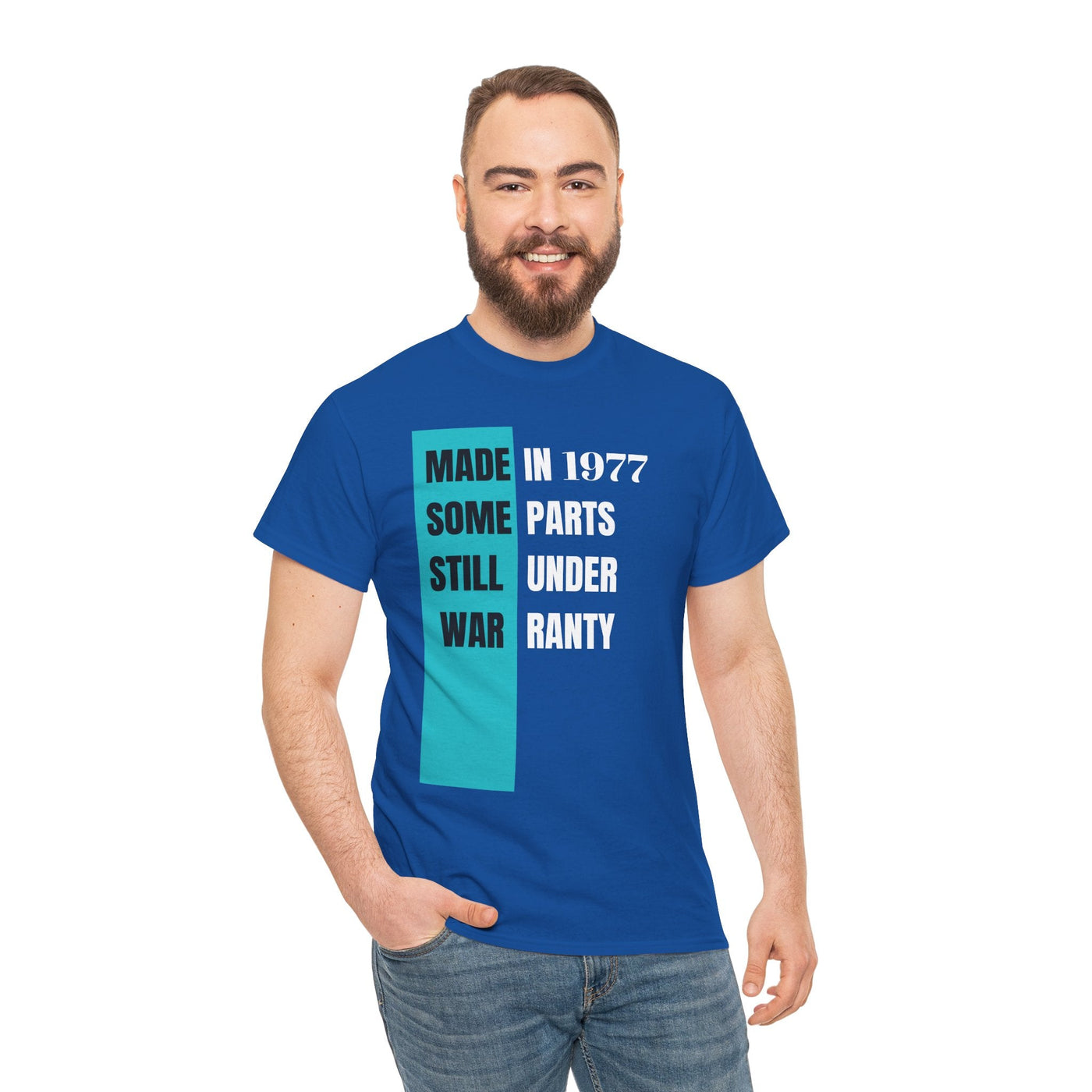 Funny "Made In Some Parts Still Under Warranty" blue t-shirt, humorous aging gift, vintage style design.