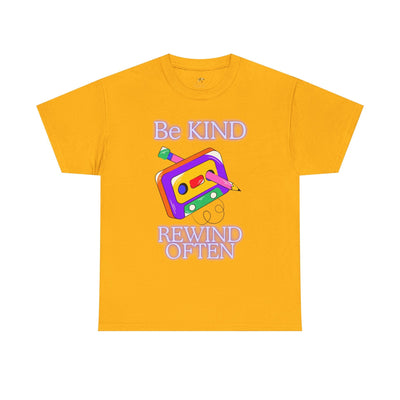 Retro unisex t-shirt with "Be Kind, Rewind Often" positive slogan and 90s cassette design.