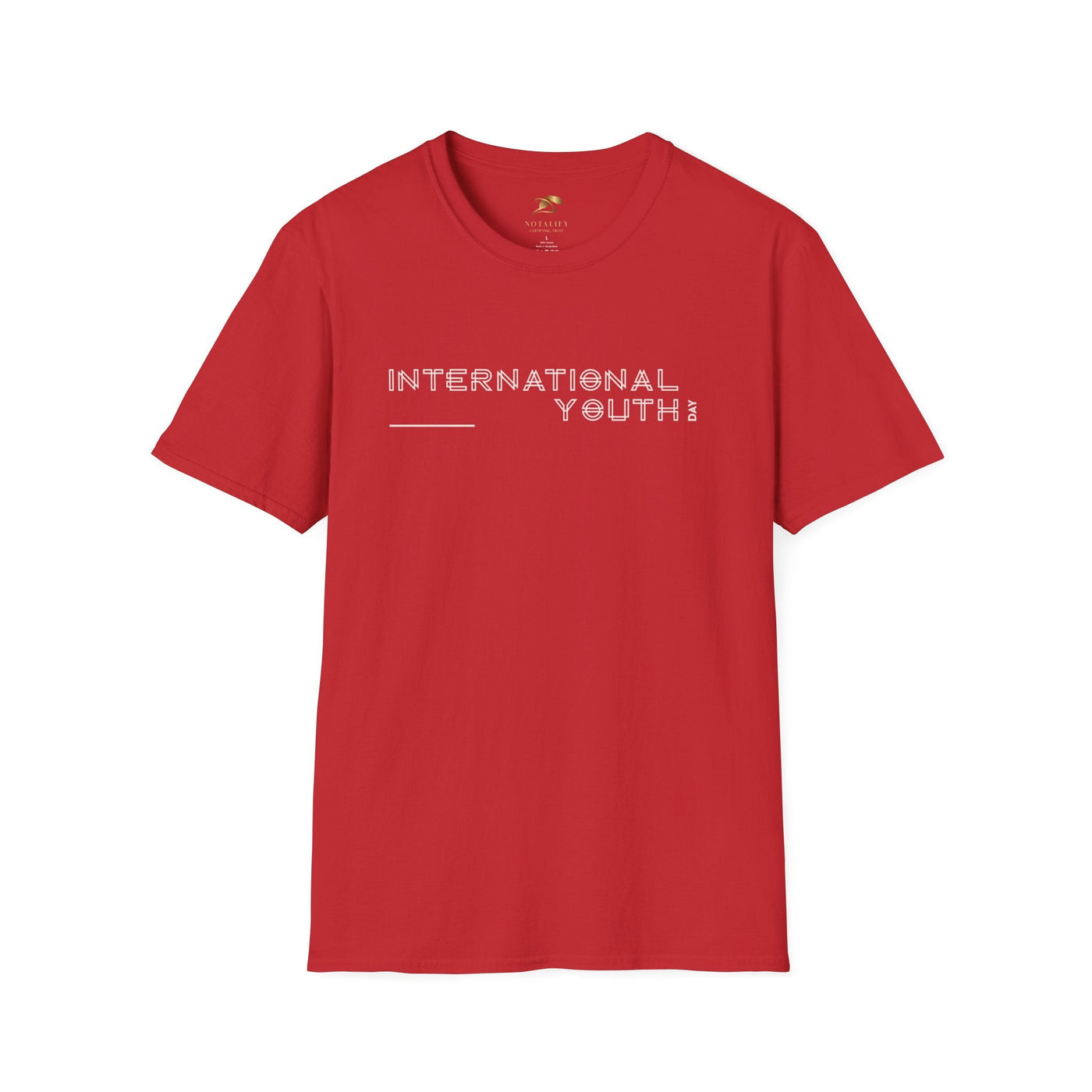 Red unisex softstyle t-shirt with "International Youth Day" text for youth celebration, made from 100% ring-spun cotton.
