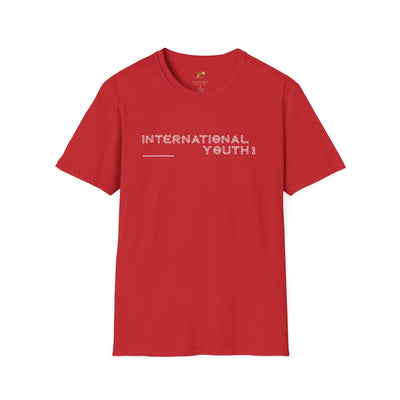 Red unisex softstyle t-shirt with "International Youth Day" text for youth celebration, made from 100% ring-spun cotton.