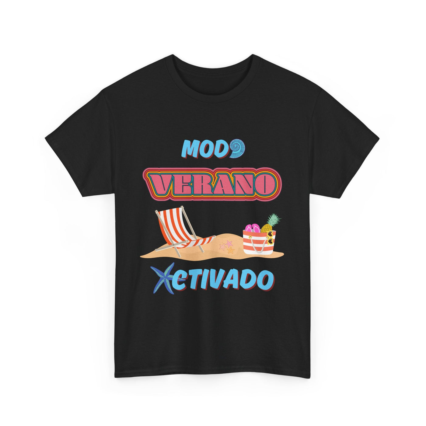 Unisex t-shirt with "Modo Verano Activado" design featuring retro fonts, striped beach chairs, tropical fruits, and starfish; perfect for summer vibes.