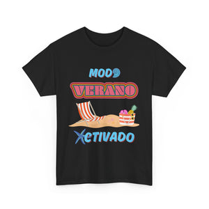 Unisex t-shirt with "Modo Verano Activado" design featuring retro fonts, striped beach chairs, tropical fruits, and starfish; perfect for summer vibes.