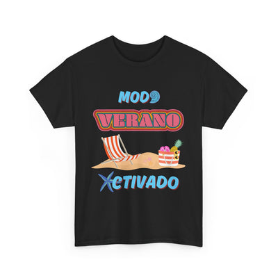 Unisex t-shirt with "Modo Verano Activado" design featuring retro fonts, striped beach chairs, tropical fruits, and starfish; perfect for summer vibes.