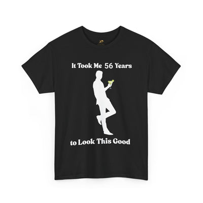Funny "It Took Me Years to Look This Good" t-shirt with a silhouette and margarita graphic, perfect birthday gift for sarcastic style lovers.