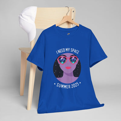 Astronaut Space Vibes Tee with galaxy graphic, cosmic relaxation design in blue, hangs on chair, perfect for space lovers.