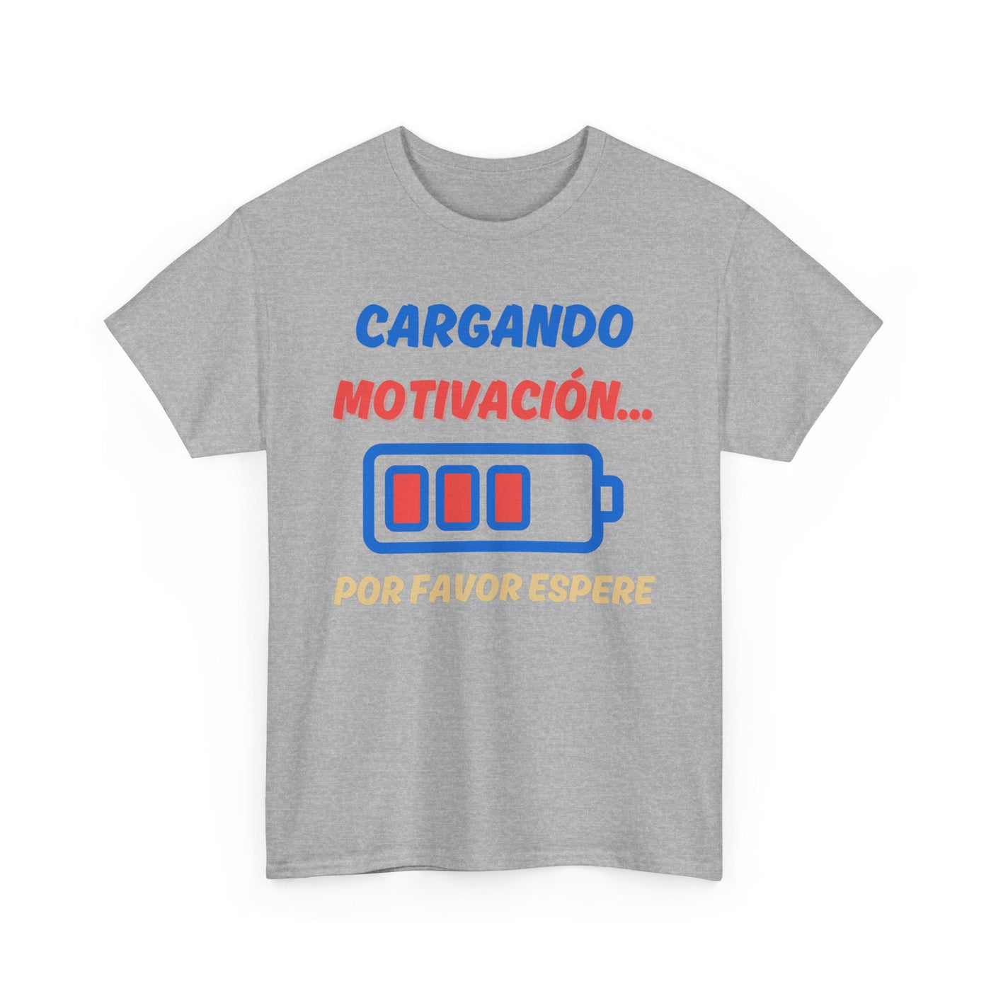 Unisex heavy cotton tee with Spanish 'please wait charging motivation' and battery graphic.