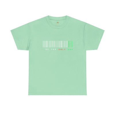 Unique "Be The Only One" barcode t-shirt in blue with a minimalist design