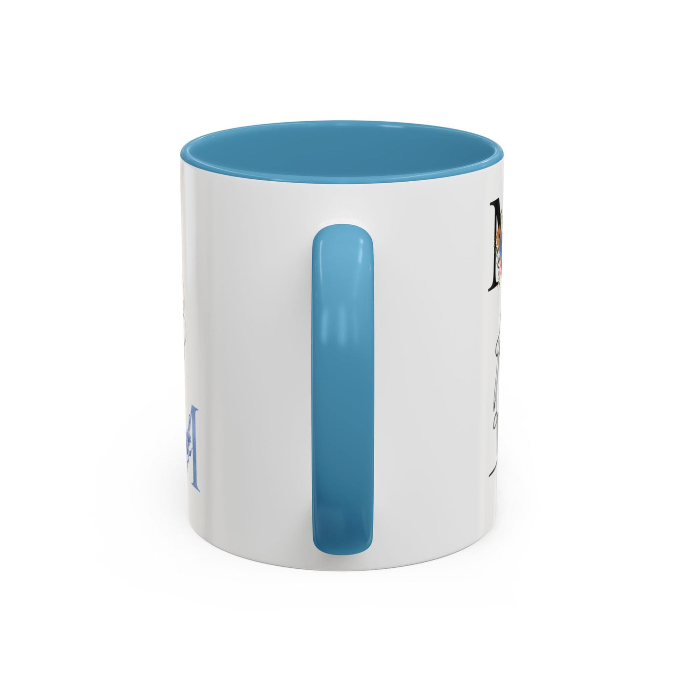 Mother's Day mug with blue interior and handle, floral design accents, ceramic drinkware.