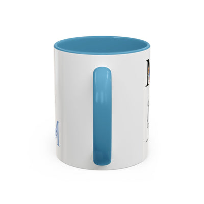 Mother's Day mug with blue interior and handle, floral design accents, ceramic drinkware.