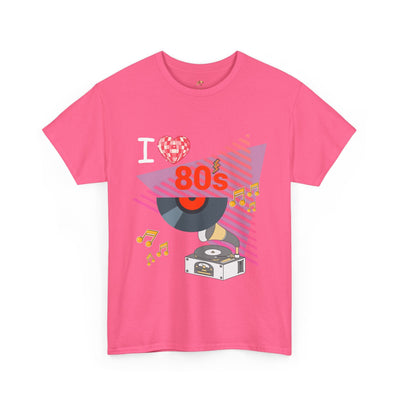 Pink 80's Music Lover T-Shirt with vintage record player graphic and musical notes on unisex classic cotton tee