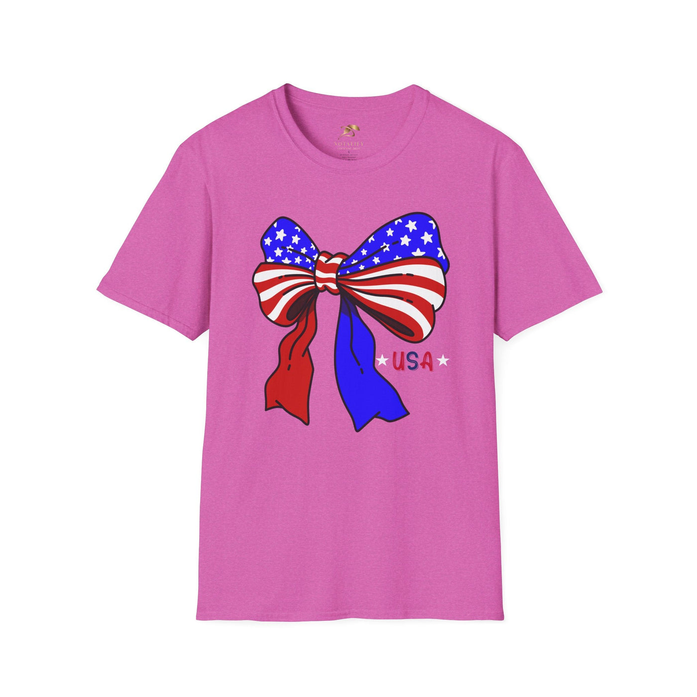 Unisex t-shirt with patriotic bow design celebrating Independence Day, available in various sizes and colors.