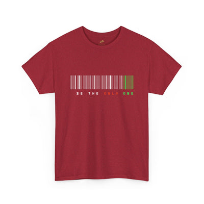 Unique "Be The Only One" barcode t-shirt in blue with a minimalist design