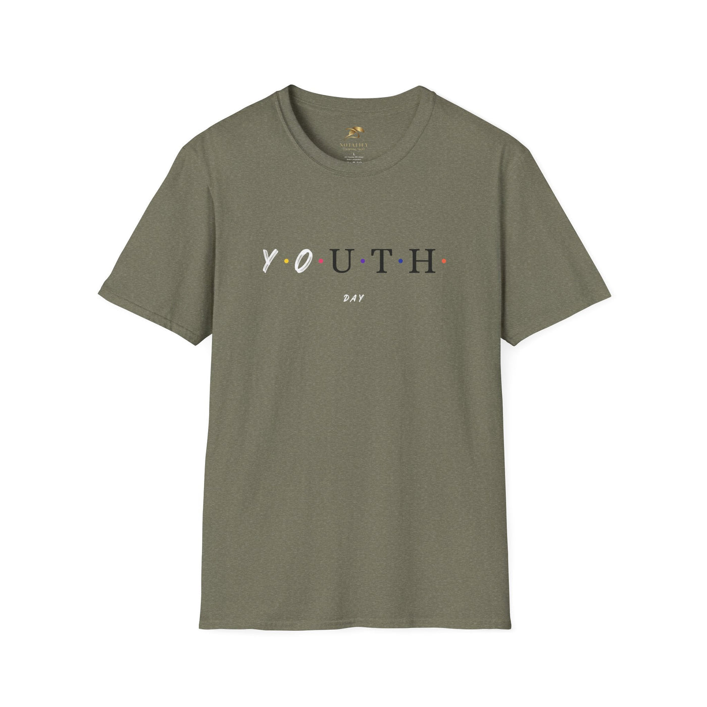 Unisex olive green Youth Day Celebration t-shirt with colored dots graphic and classic crew neckline made of 100% ring-spun cotton