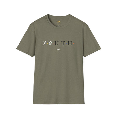 Unisex olive green Youth Day Celebration t-shirt with colored dots graphic and classic crew neckline made of 100% ring-spun cotton