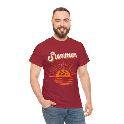 Summer 2025 Sunset T-Shirt with palm tree silhouettes and ocean reflection design.