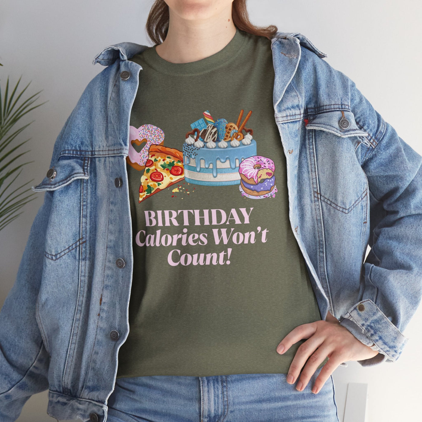 Funny "Birthday Calories Won't Count" T-shirt with cake, pizza, and donuts - Perfect birthday gift.