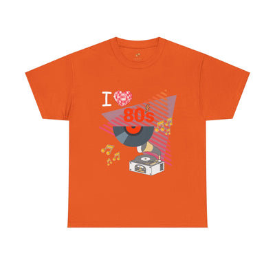 Orange 80's Music Lover T-Shirt with retro vinyl record and turntable graphic design on unisex classic cotton tee