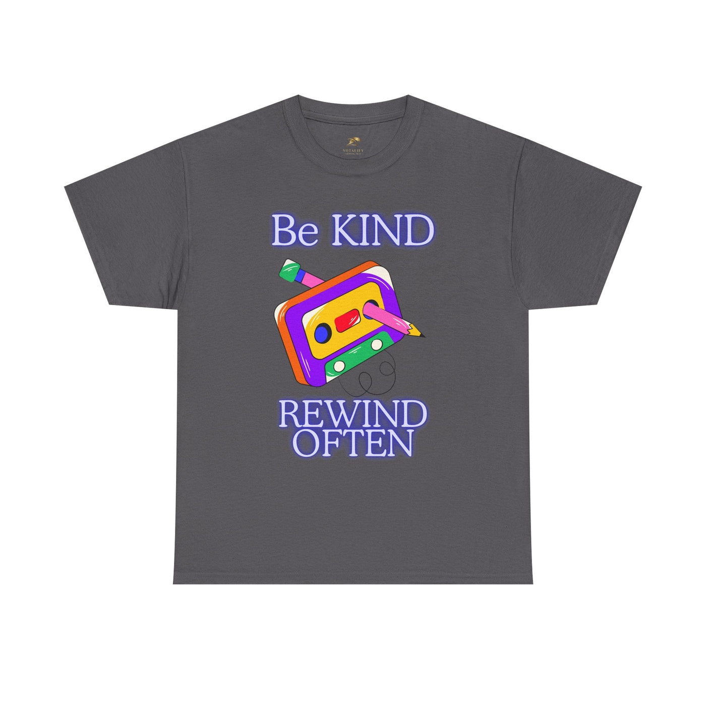 Retro "Be Kind, Rewind Often" T-shirt featuring colorful cassette tape graphic, unisex fit.
