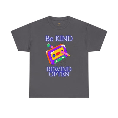 Retro "Be Kind, Rewind Often" T-shirt featuring colorful cassette tape graphic, unisex fit.
