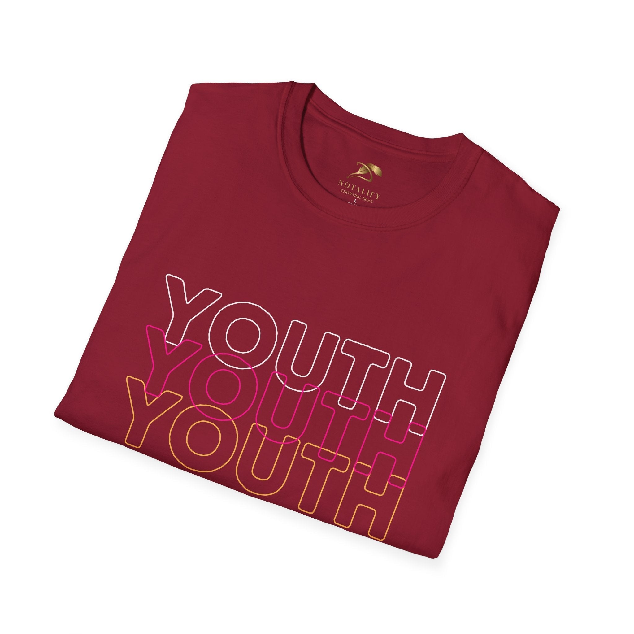 Folded maroon Youth Day Unisex Softstyle T-Shirt with multi-colored 