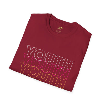 Folded maroon Youth Day Unisex Softstyle T-Shirt with multi-colored "YOUTH" text design on front and crew neckline