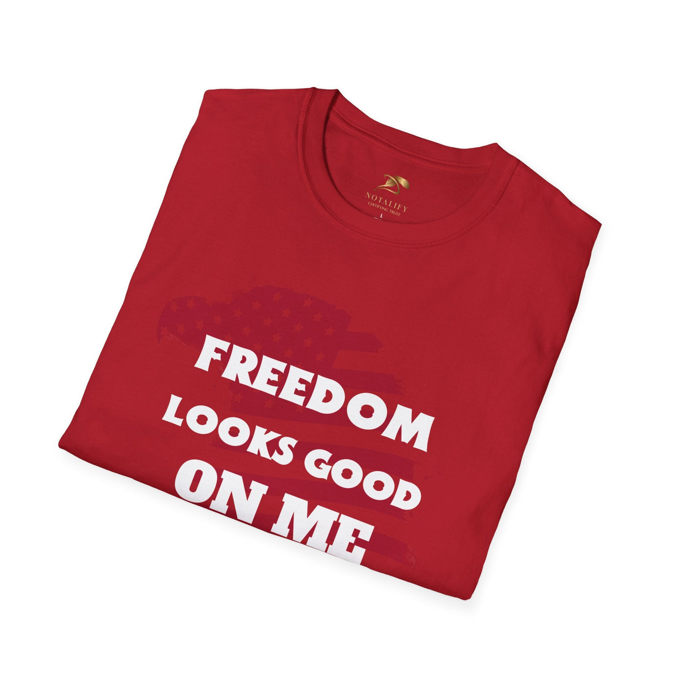 Patriotic party tee with "Freedom Looks Good On Me" design for Independence Day celebrations.