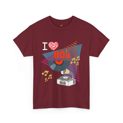 Maroon 80's Music Lover T-shirt with retro vinyl record and music notes graphic, unisex cotton tee