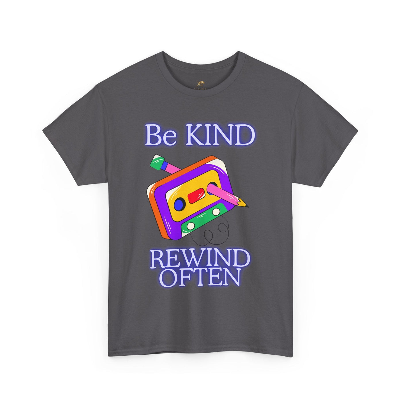 Retro "Be Kind, Rewind Often" T-shirt with colorful cassette design on dark fabric.