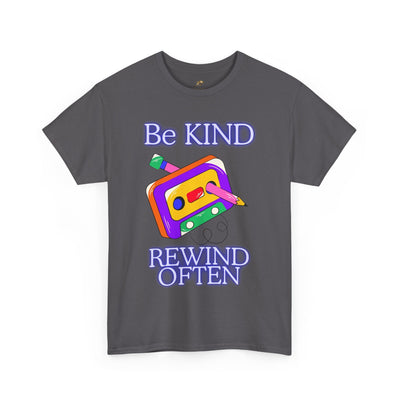 Retro "Be Kind, Rewind Often" T-shirt with colorful cassette design on dark fabric.