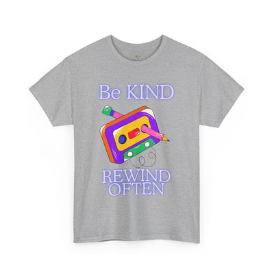 Retro "Be Kind, Rewind Often" graphic tee, unisex, 90s nostalgia style.