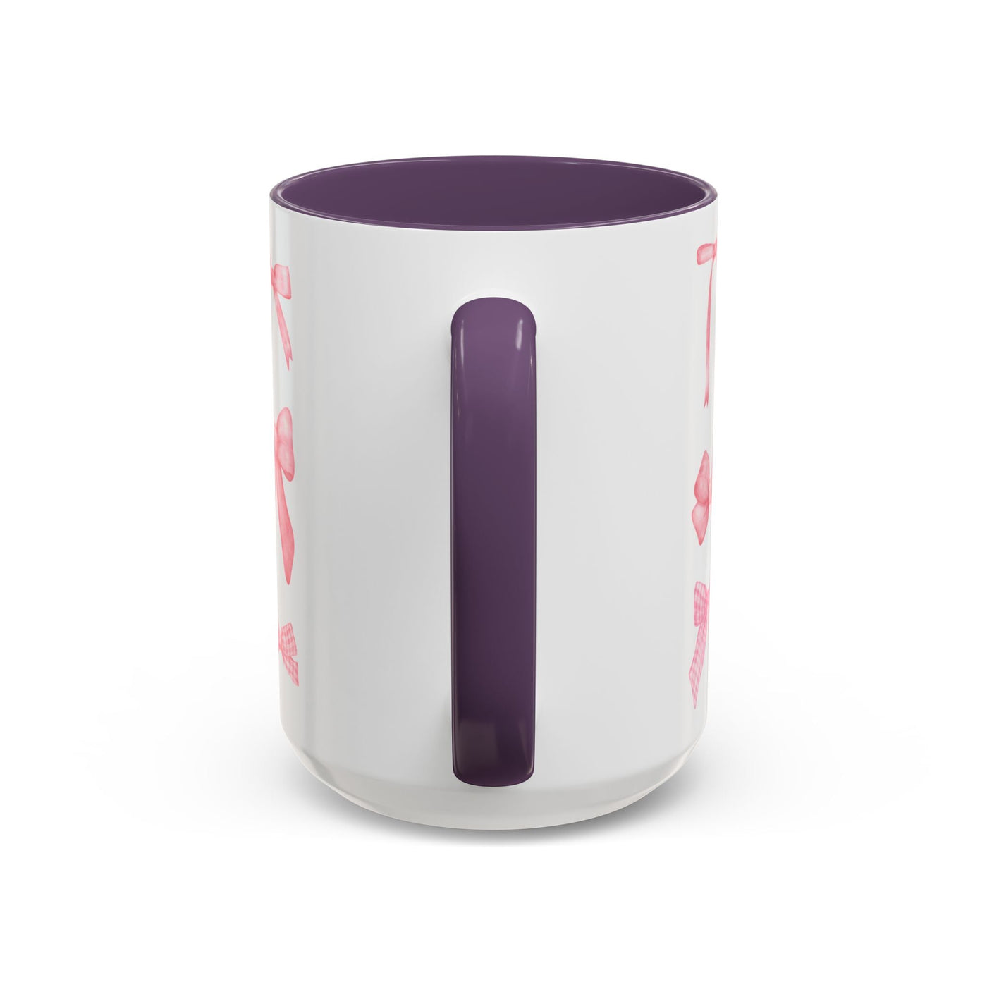 Personalized coquette bow mug for Mother's Day with purple interior and handle, ideal coffee lover gift.