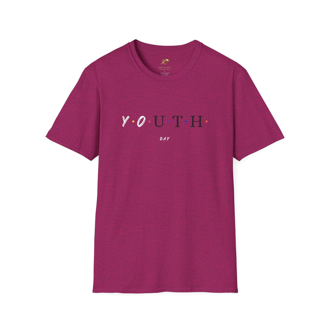 Unisex maroon Youth Day Celebration t-shirt with colored dot letters and classic crew neckline made from 100% cotton, lightweight and comfortable for casual wear