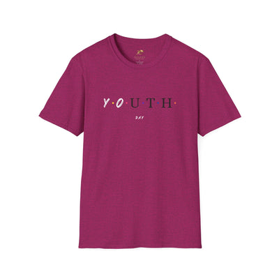 Unisex maroon Youth Day Celebration t-shirt with colored dot letters and classic crew neckline made from 100% cotton, lightweight and comfortable for casual wear