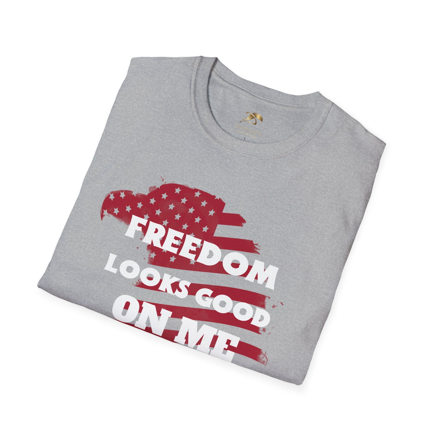 Patriotic party tee with "Freedom Looks Good On Me" design, ideal for Independence Day celebrations.