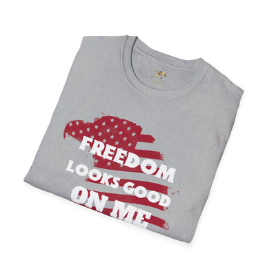 Patriotic party tee with "Freedom Looks Good On Me" design, ideal for Independence Day celebrations.