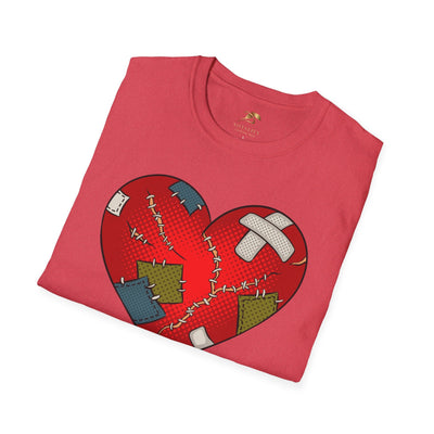 Heart Fixed Enamorados unisex t-shirt with repaired heart design, perfect Valentine's Day gift.