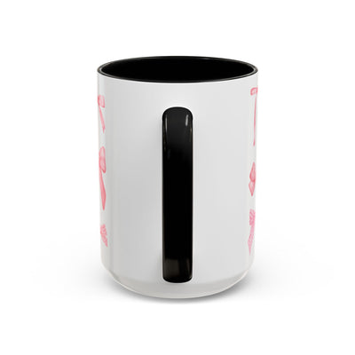 Personalized Mother's Day coquette bow mug, black handle, 11oz/15oz, vibrant design.