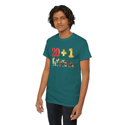 21st birthday t-shirt with "20 + 1" design and colorful cocktails, perfect for celebrating turning 21.