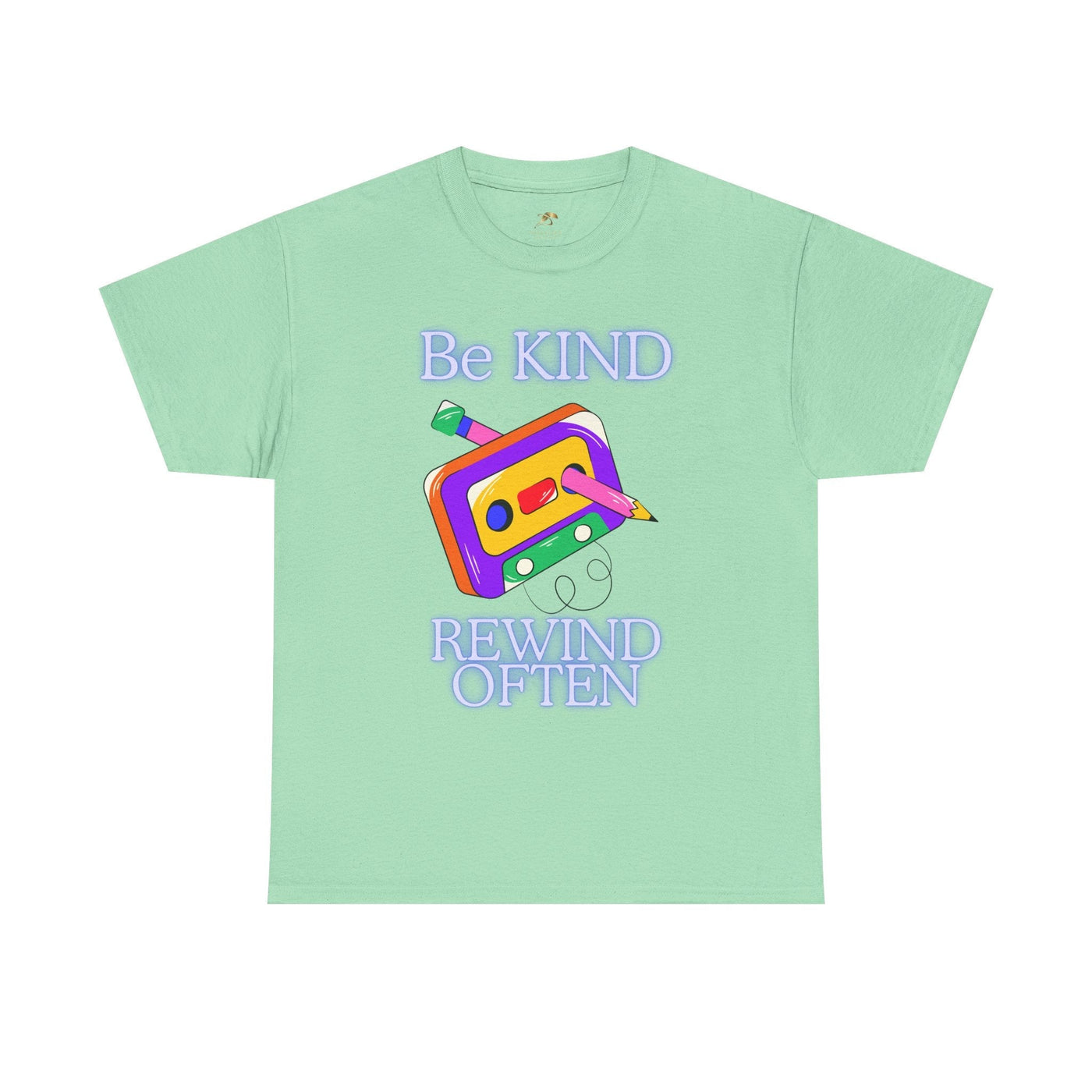 Retro green t-shirt with "Be Kind, Rewind Often" text and vintage cassette design. Perfect for 90s nostalgia and positive vibes.