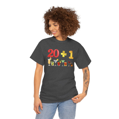 21st birthday t-shirt with "20 + 1" design and cocktail graphics, perfect for milestone celebrations.