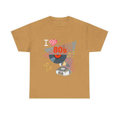 80's Music Lover T-shirt with retro vinyl record and music graphic on vintage brown cotton tee