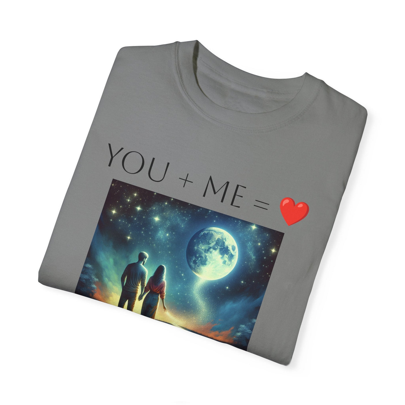 Moon and Back Unisex T-shirt with romantic celestial design and "You + Me" message.