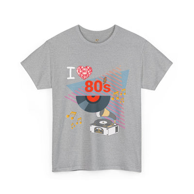 Grey unisex 80's music lover t-shirt with retro turntable and musical notes graphic