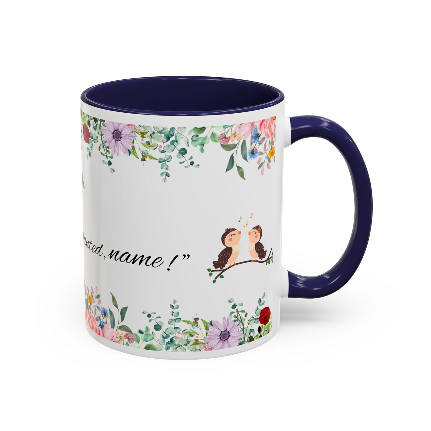 Inspirational ceramic cup with floral design and motivational quote.