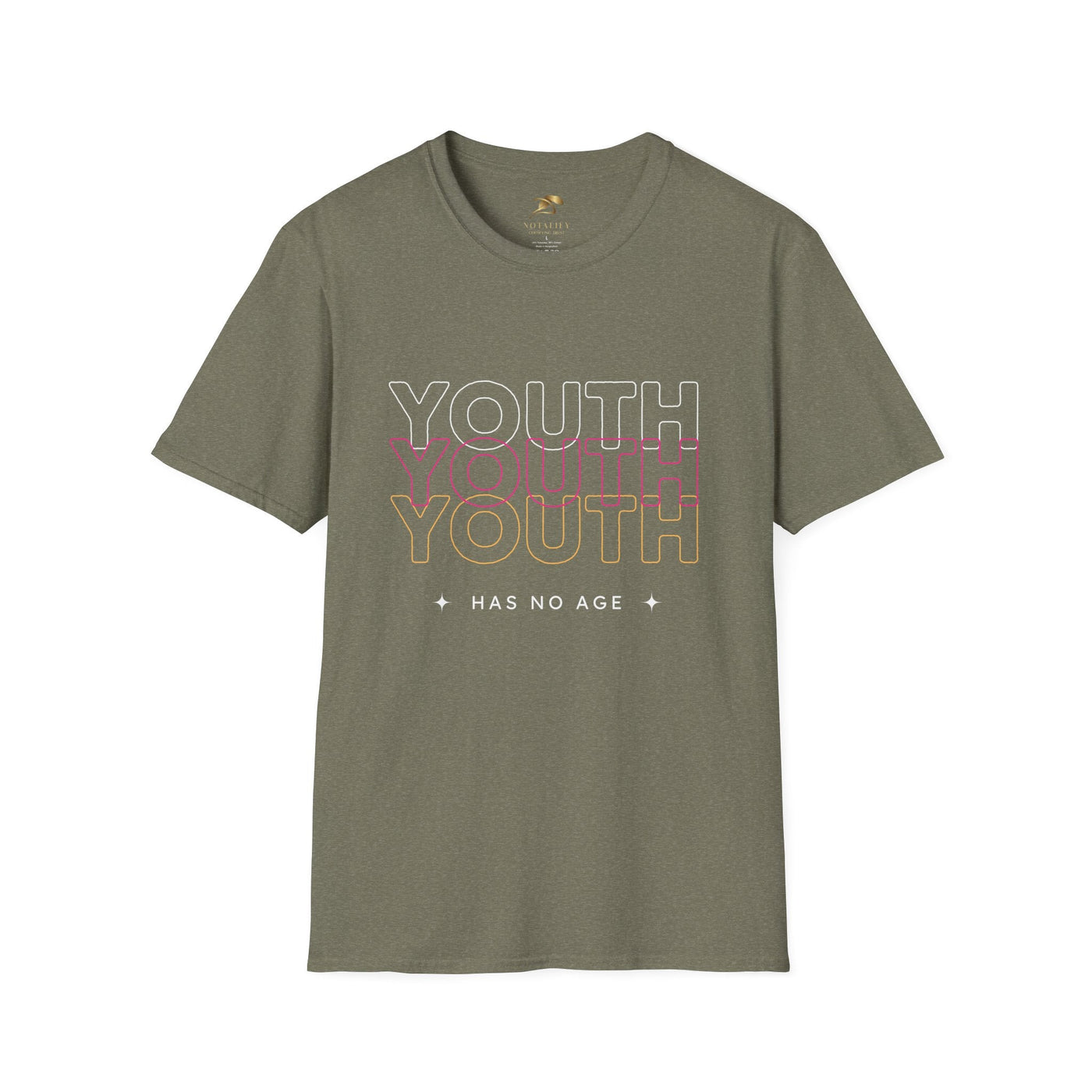 Youth Day Unisex Softstyle T-Shirt in olive green with "YOUTH HAS NO AGE" graphic, classic fit crew neck made of 100% ring-spun cotton